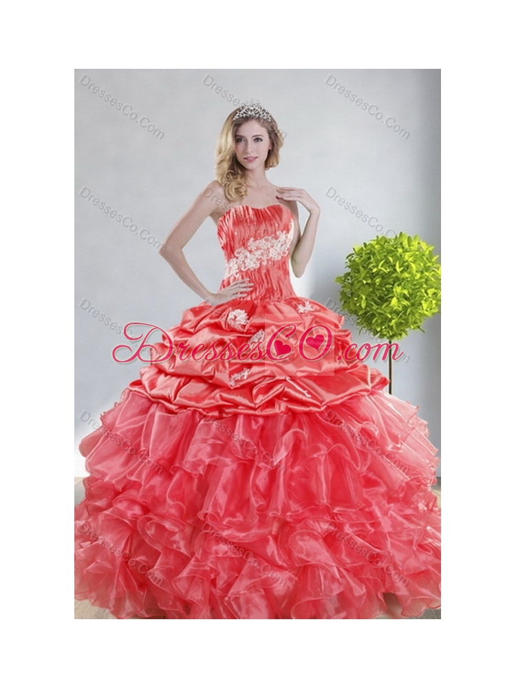 Pretty Watermelon Red Quince Dress with Appliques and Ruffles