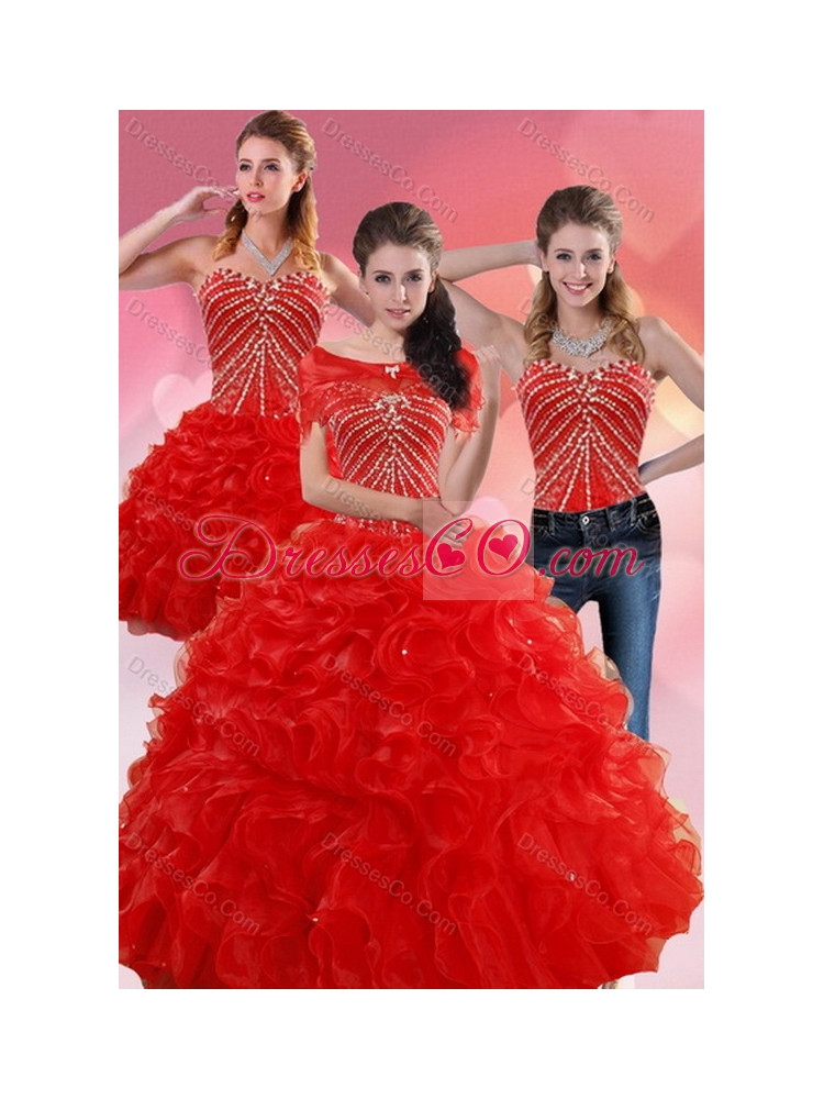 Exquisite and Unique Red Quince DressWith Beading and Ruffles for