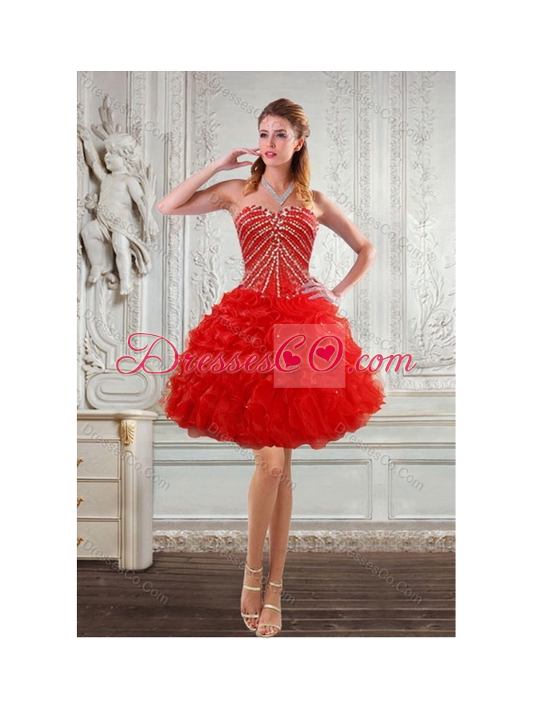 Exquisite and Unique Red Quince DressWith Beading and Ruffles for
