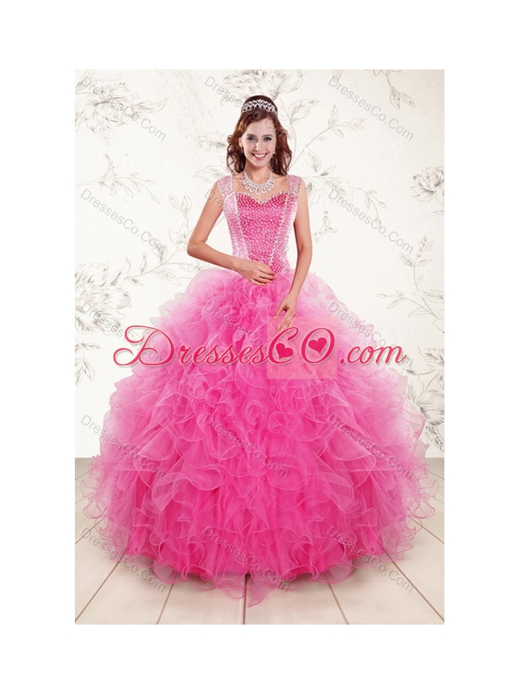 Pretty  Hot Pink Quince Gown with Beading and Ruffles