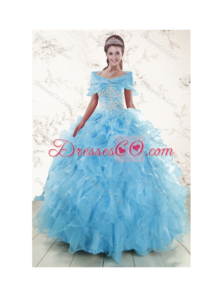 Pretty Baby Blue  Sweet 15 Dress with Embroidery and Ruffles