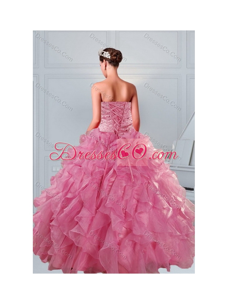 Pretty Coral Red Quince Dress with Beading and Ruffles
