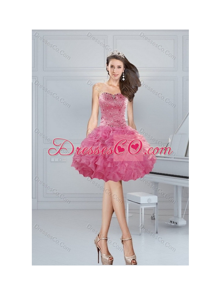 Pretty Coral Red Quince Dress with Beading and Ruffles
