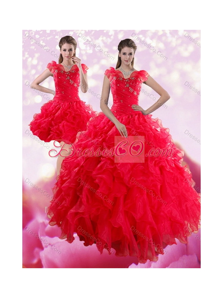 Sophisticated and Unique Red Dress Quince with Ruffles and Beading