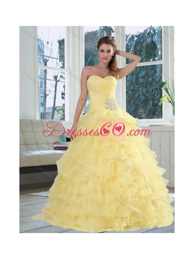 Unique Beaded and Ruffled Quinceanera Dress in Yellow