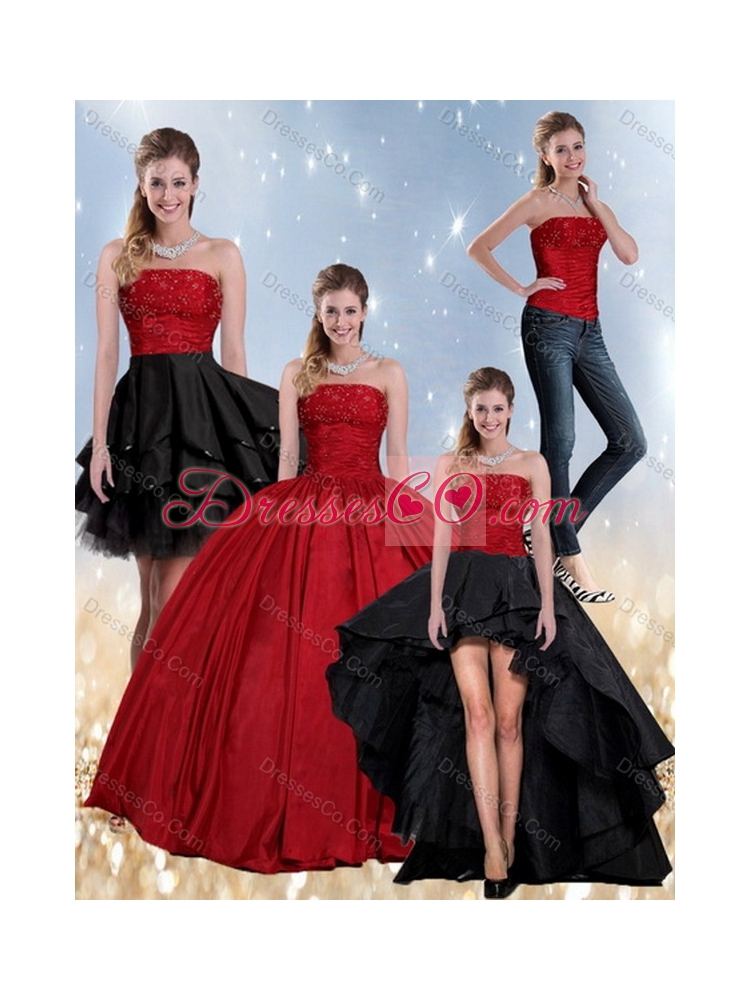 Unique Beaded Strapless Ball Gown  Quinceanera Dress in Red and Black