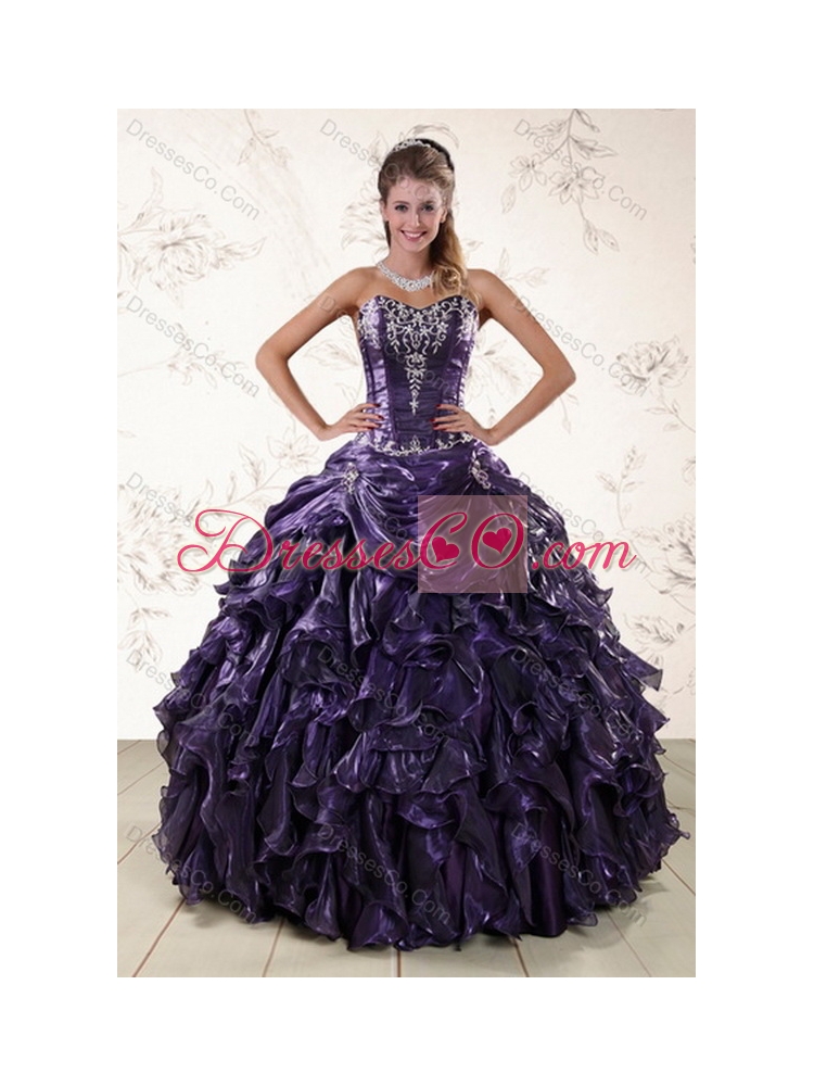 Unique Purple Floor Length Quince Gowns Embroidery and Ruffles