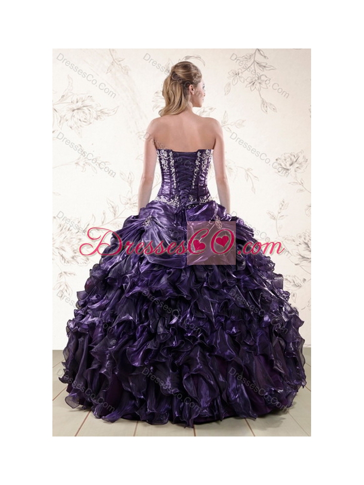 Unique Purple Floor Length Quince Gowns Embroidery and Ruffles