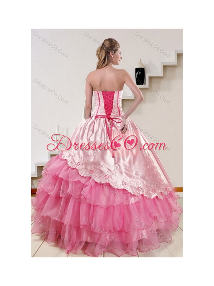 Unique Strapless Pink  Cute Quinceanera Dress with Embroidery and Ruffles