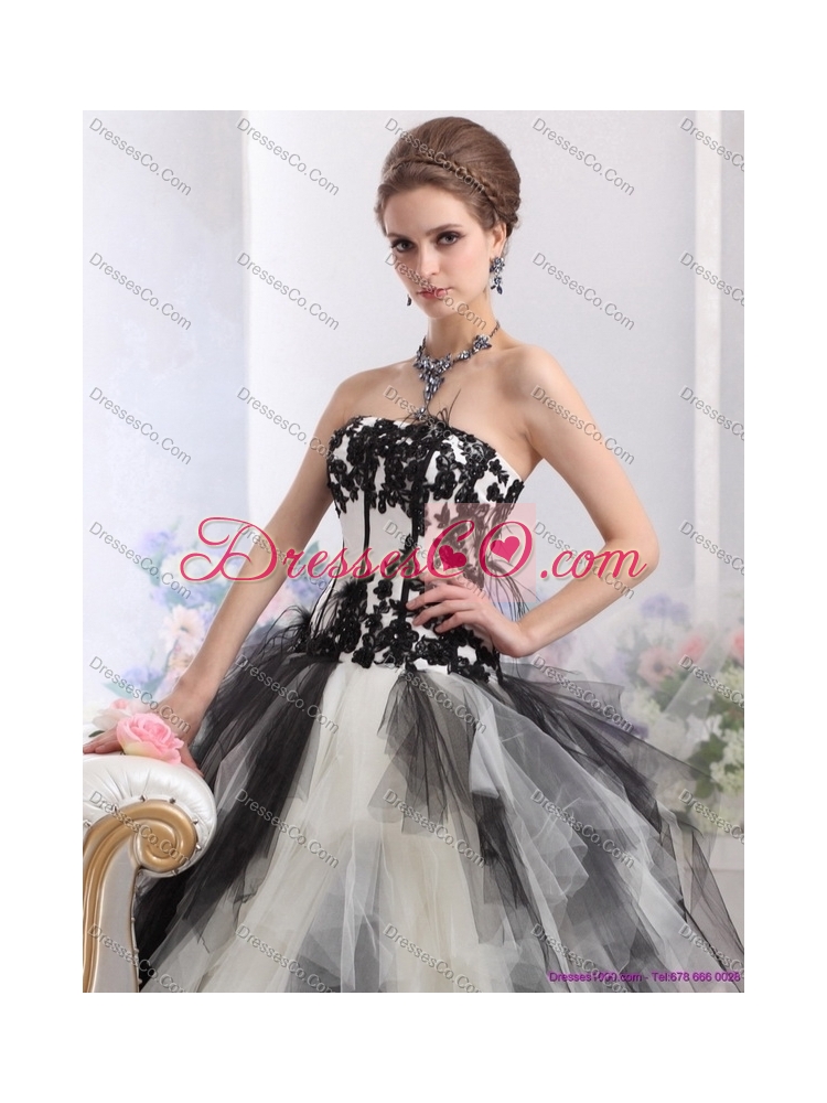 White and Black Strapless Quinceanera Dress with Appliques