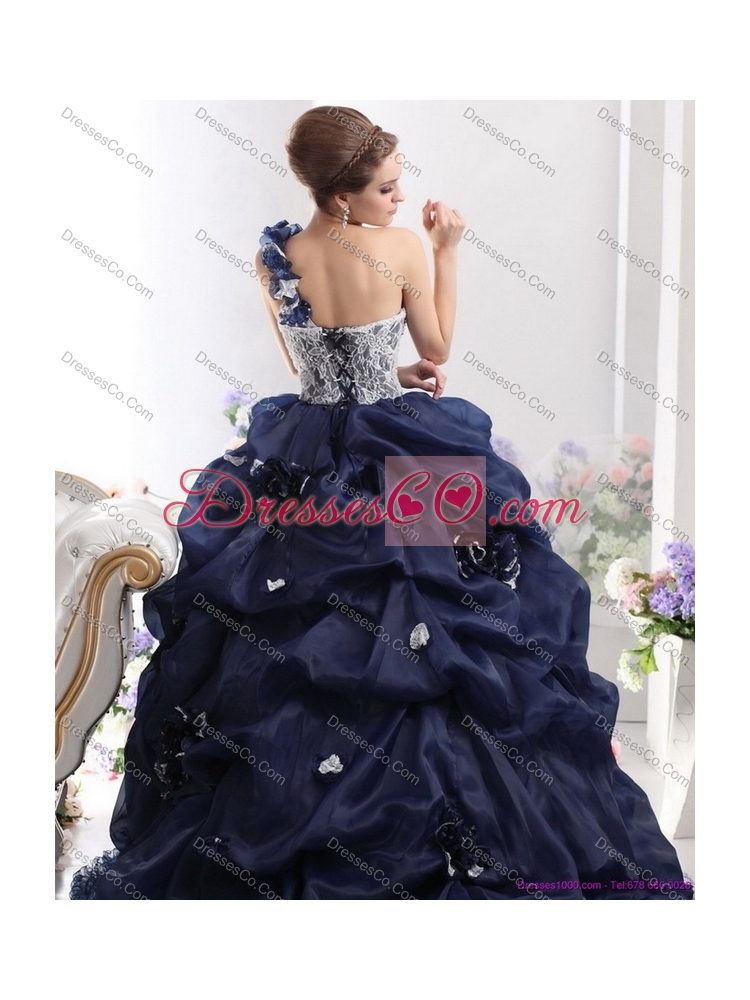 One Shoulder Ruffles Quinceanera Dress with Hand Made Flowers and Pick Ups