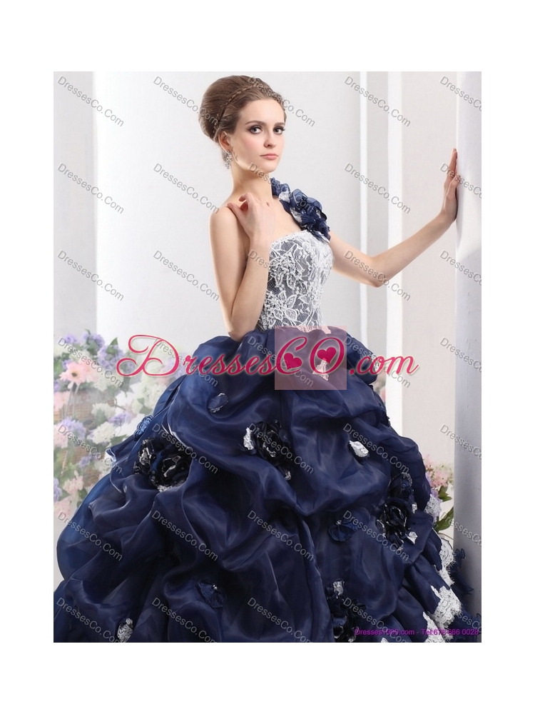 One Shoulder Ruffles Quinceanera Dress with Hand Made Flowers and Pick Ups