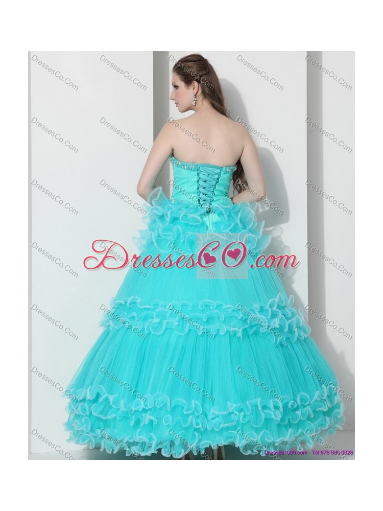 Quinceanera Dress with Ruffled Layers and Beading