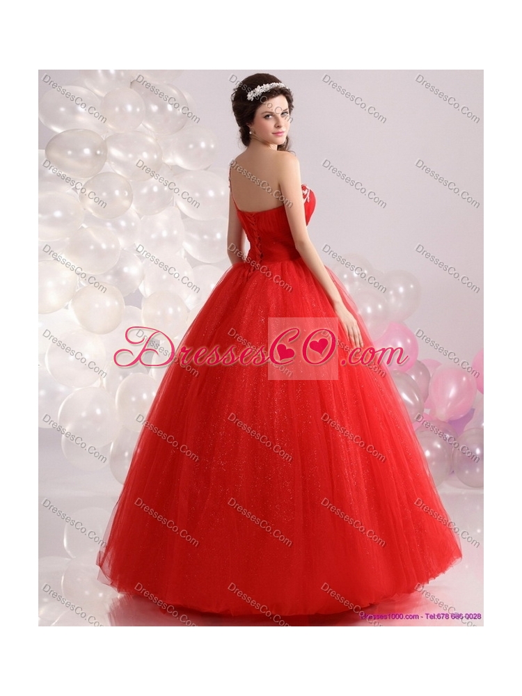 Cheap Red One Shoulder Sweet 15 Dress with Rhinestones