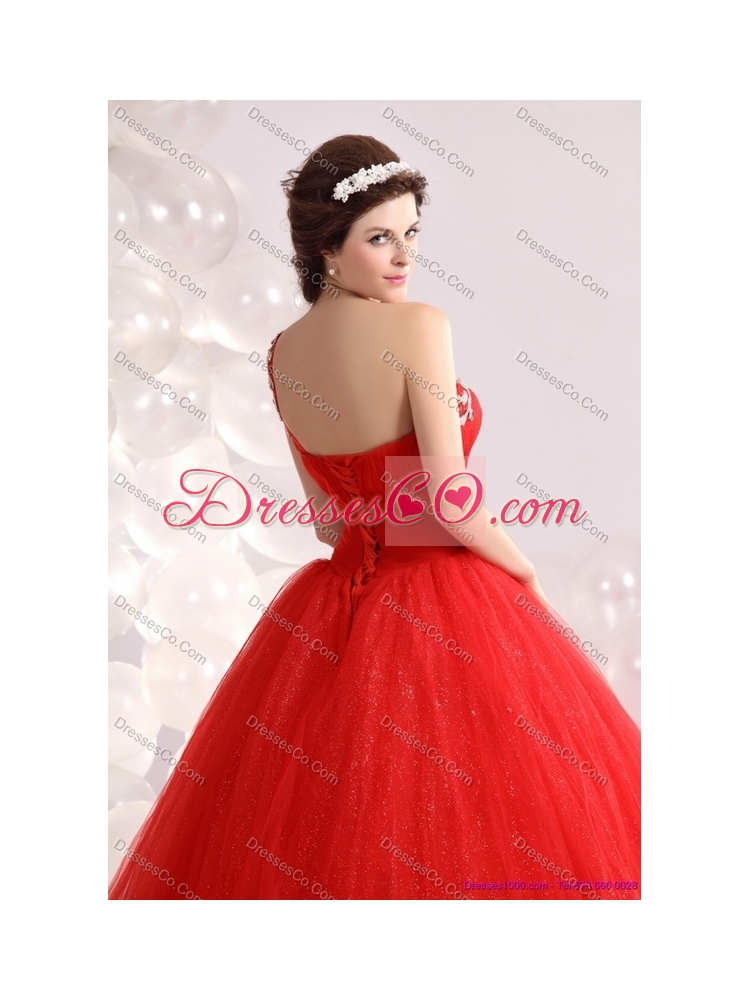 Cheap Red One Shoulder Sweet 15 Dress with Rhinestones