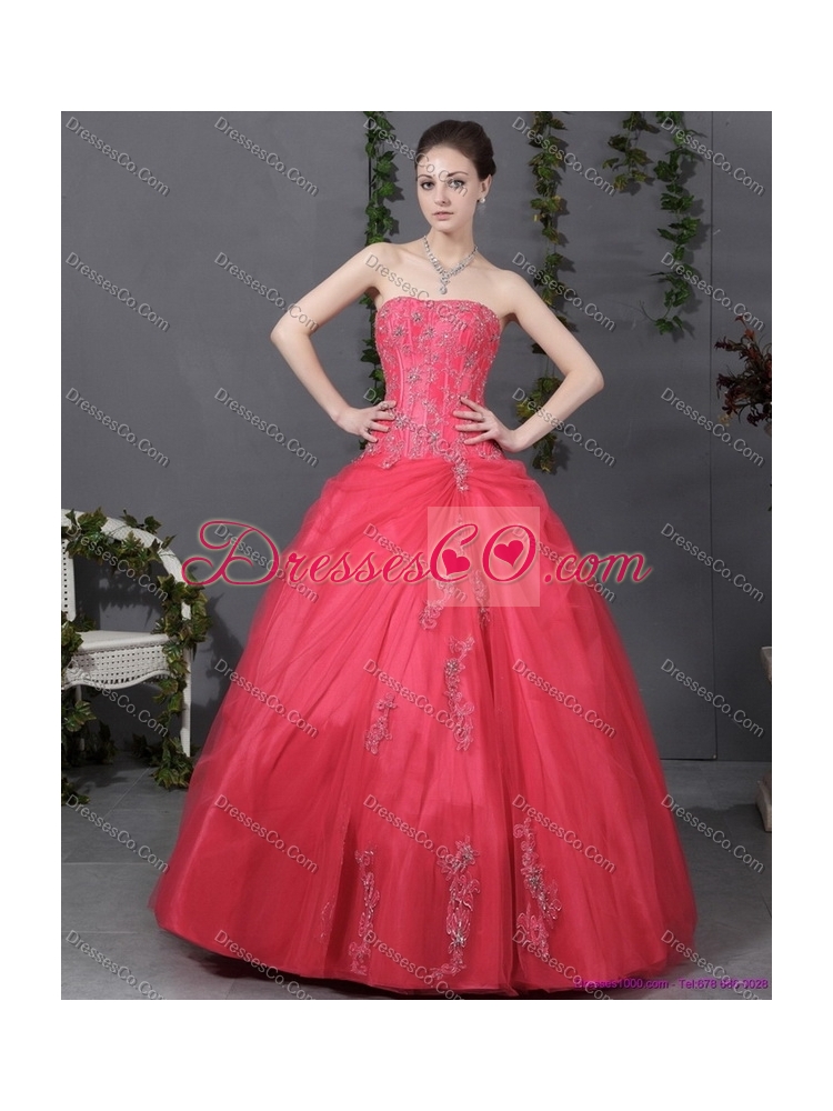 Cheap Coral Red Strapless Sweet Sixteen Dress with Ruching and Appliques