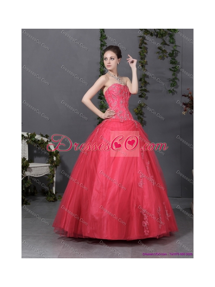 Cheap Coral Red Strapless Sweet Sixteen Dress with Ruching and Appliques
