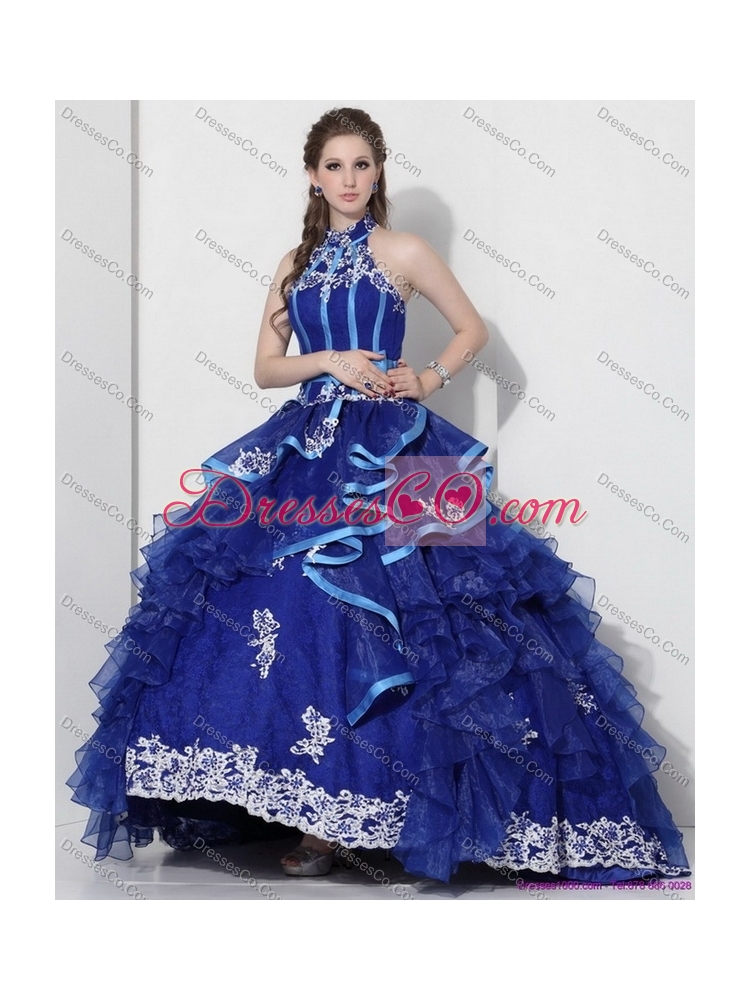 Cheap Halter Top Appliques Blue  Quinceanera Dress with Ruffles and Brush Train