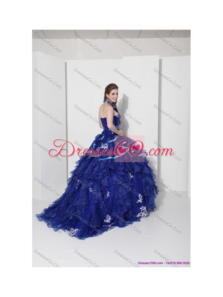 Cheap Halter Top Appliques Blue  Quinceanera Dress with Ruffles and Brush Train