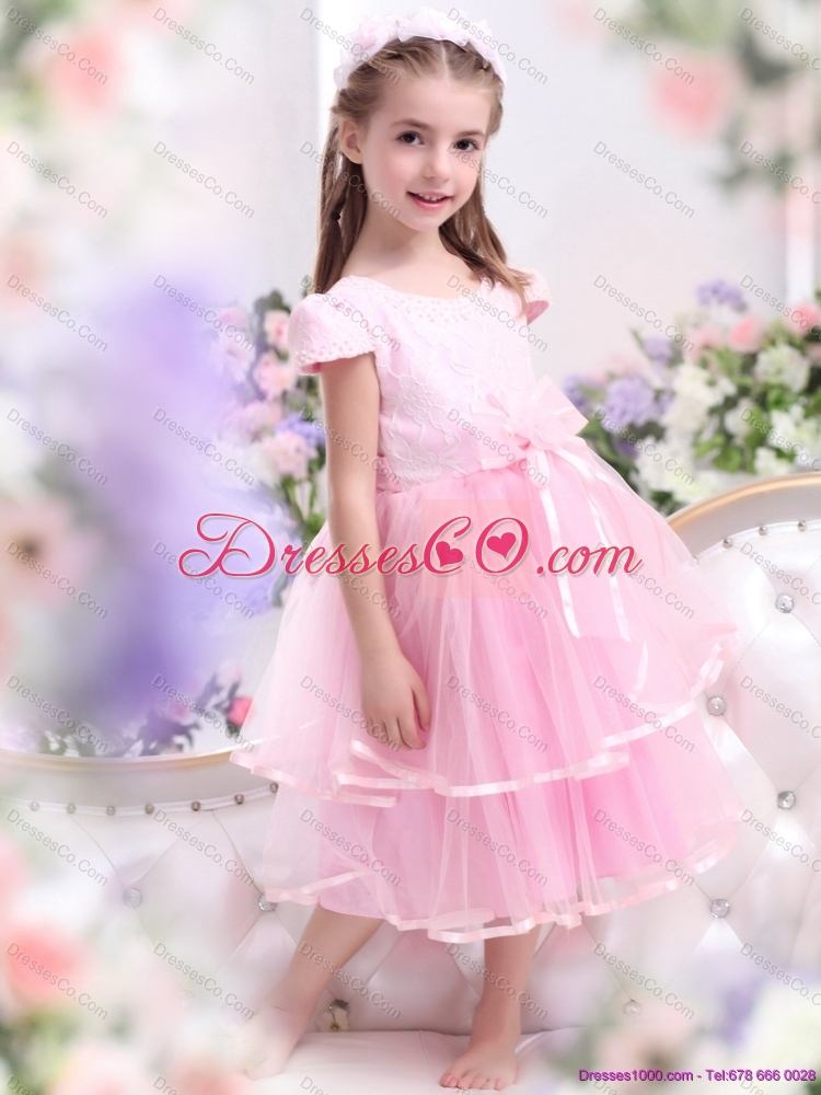 Cheap Bownot and Appliques  Flower Girl Dress in Rose Pink