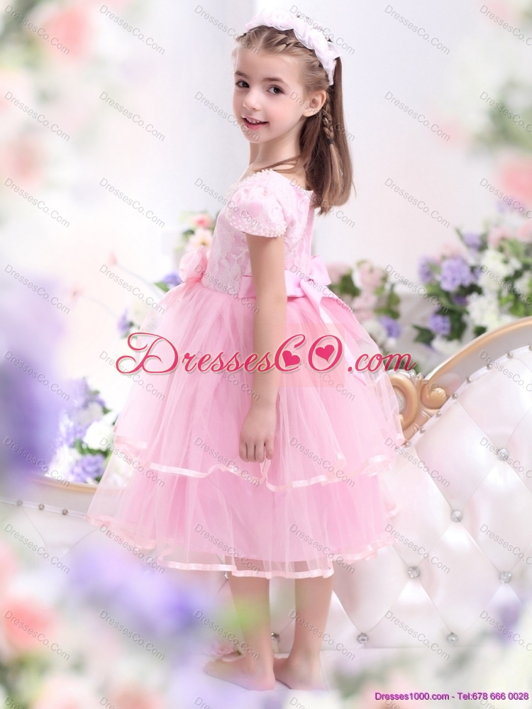 Cheap Bownot and Appliques  Flower Girl Dress in Rose Pink
