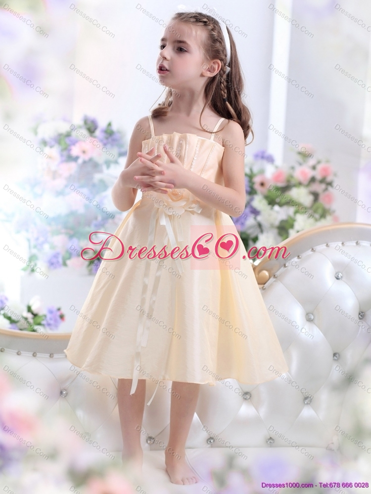 Cheap Champagne Spaghetti Straps Flower Girl Dress with Waistband and Hand Made Flower