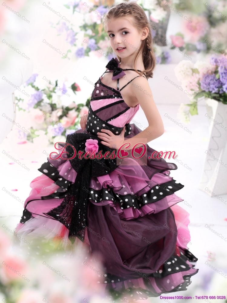 Cheap Multi Color Ruffled  Flower Girl Dress with Bownot and Hand Made Flower