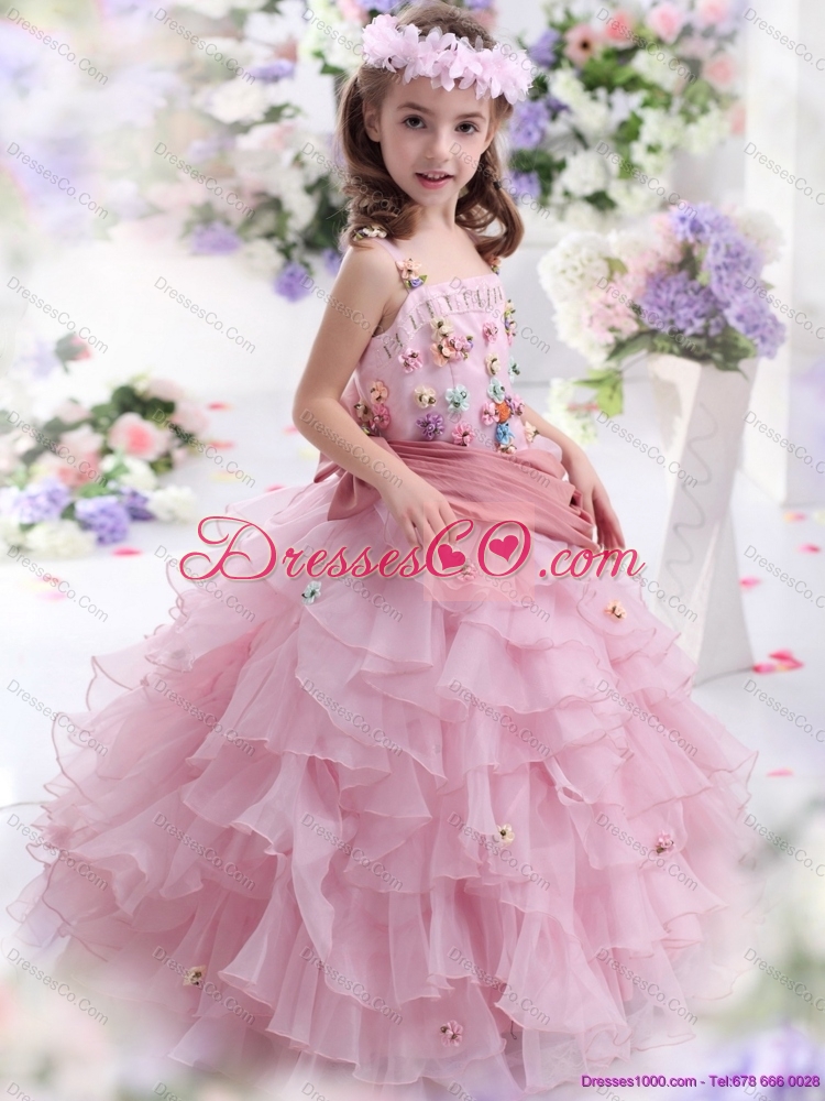 Cheap Rose Pink Flower Girl Dress with Hand Made Flowers and Ruffled Layers