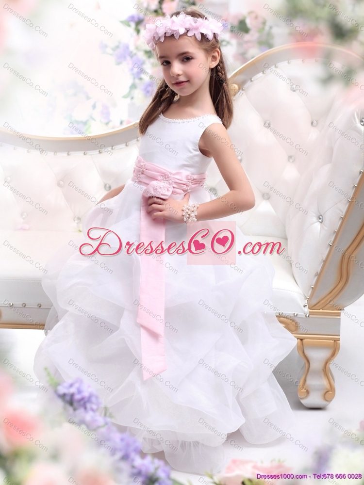 Cheap Scoop White Flower Girl Dress with Sash and Ruffles
