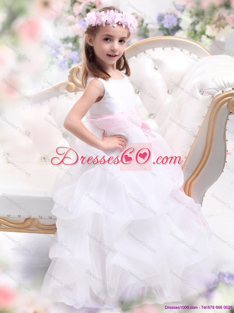 Cheap Scoop White Flower Girl Dress with Sash and Ruffles