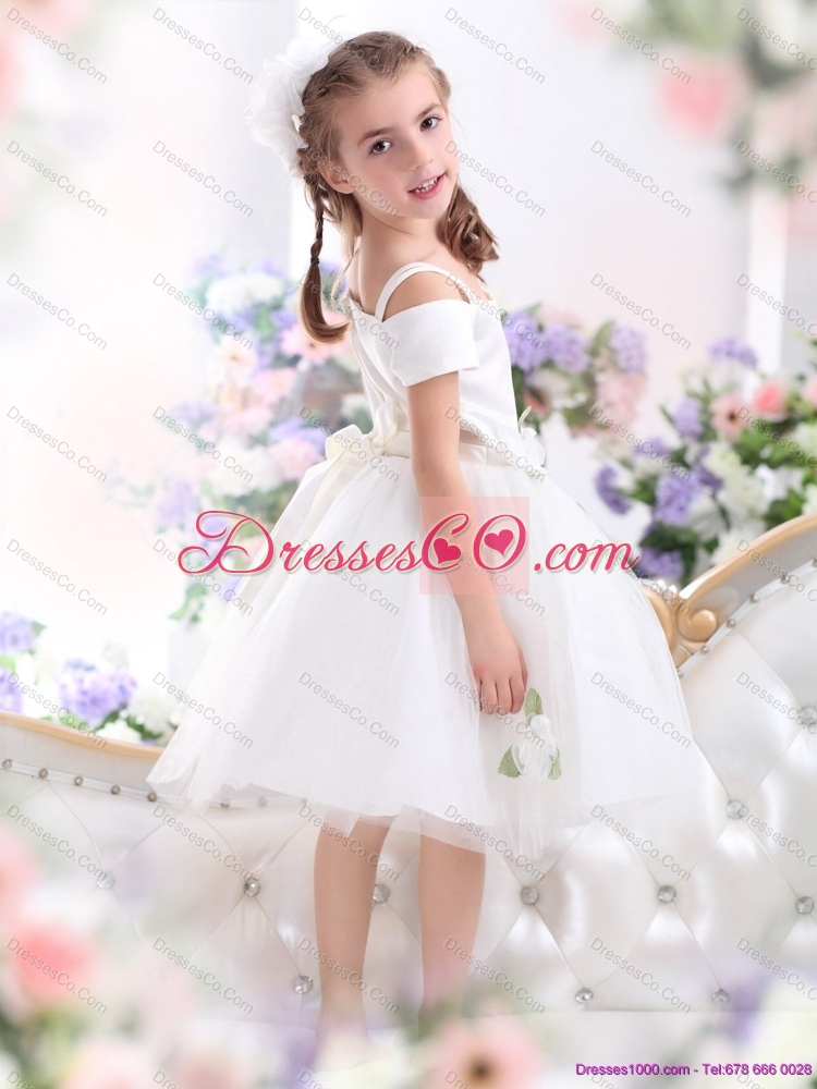 Cheap Spaghetti Straps White  Flower Girl Dress with Hand Made Flowers