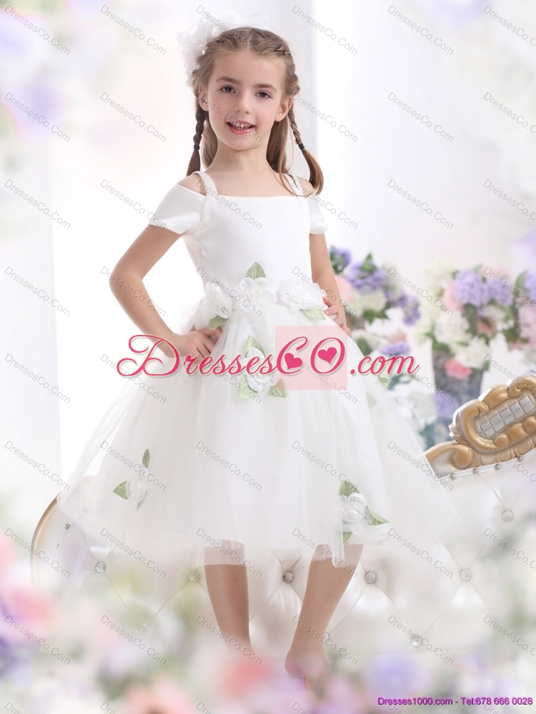 Cheap Spaghetti Straps White  Flower Girl Dress with Hand Made Flowers