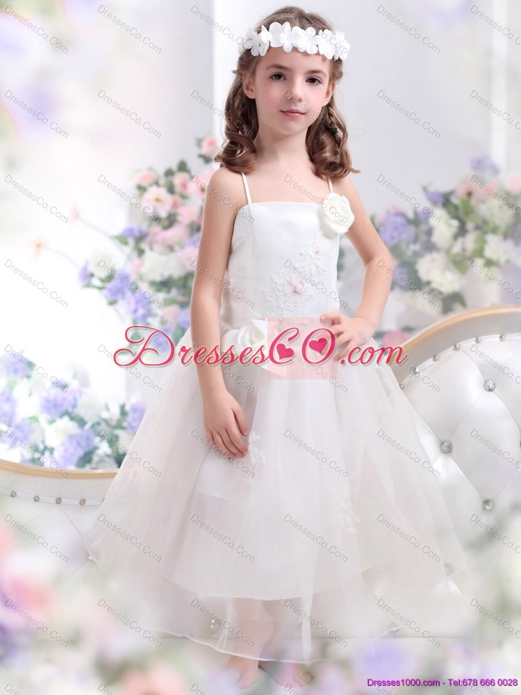 Cheap White Spaghetti Straps Flower Girl Dress with Hand Made Flower and Appliques