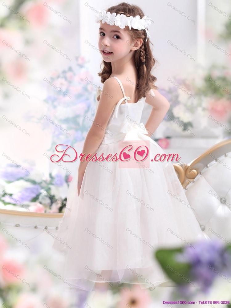 Cheap White Spaghetti Straps Flower Girl Dress with Hand Made Flower and Appliques