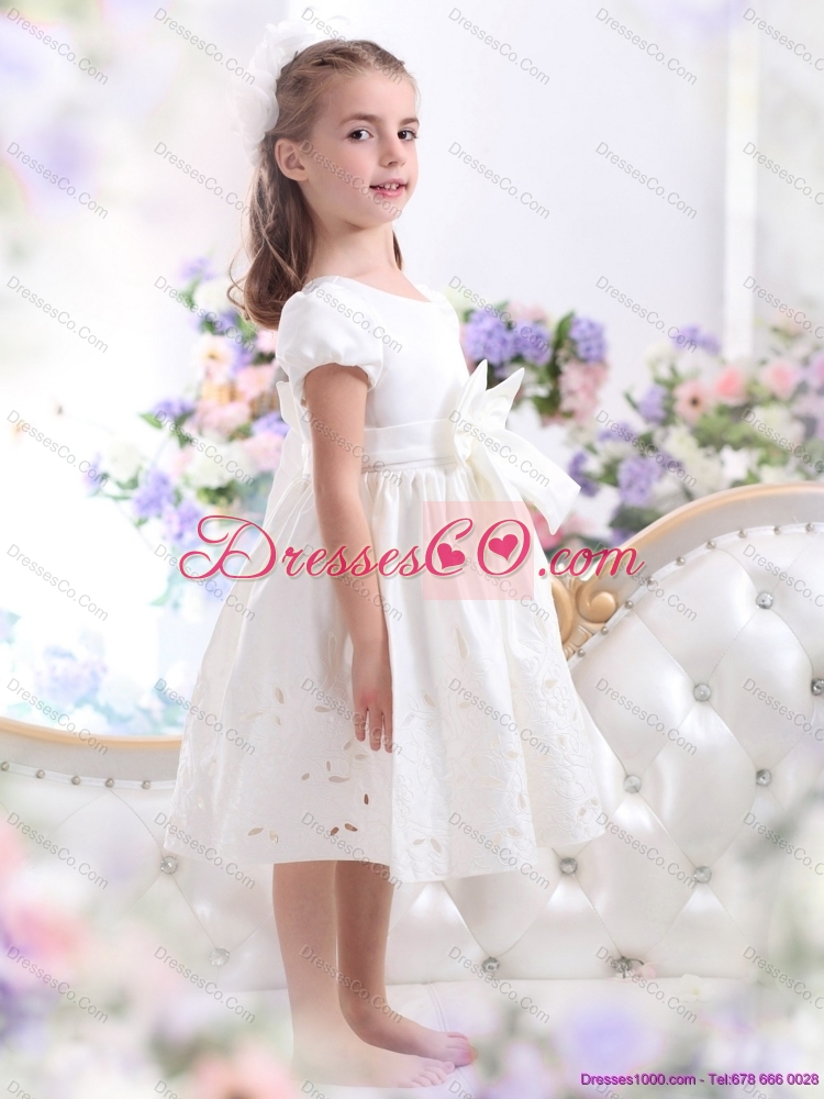 White Scoop  Cheap Flower Girl Dress with Bownot and Cap Sleeves