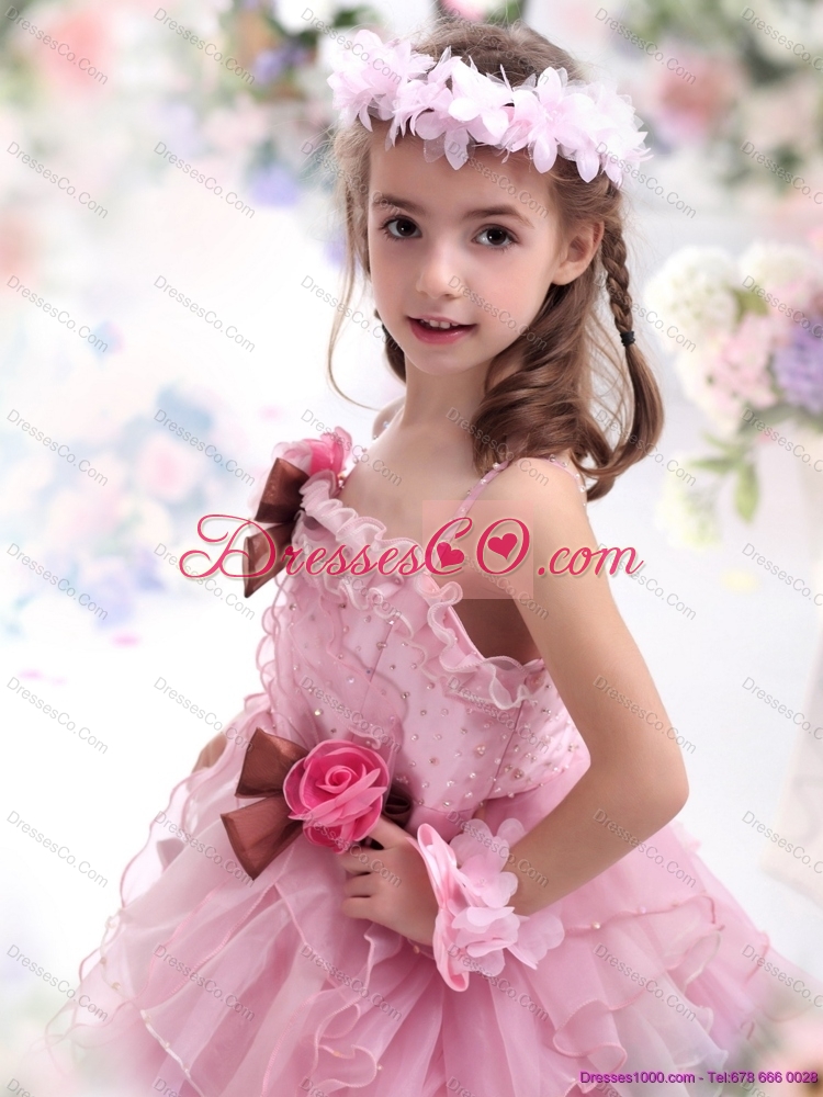 Latest Baby Pink Flowers Girl Dress with Hand Made Flowers and Ruffles