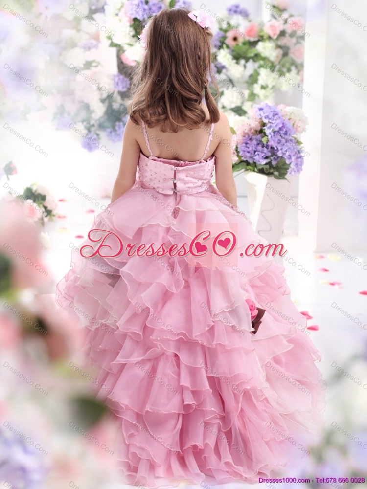 Latest Baby Pink Flowers Girl Dress with Hand Made Flowers and Ruffles