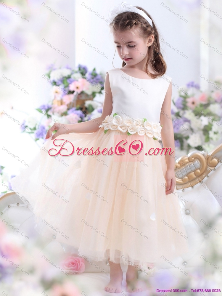 Latest White Flower Girl Dress with Waistband and Hand Made Flowers