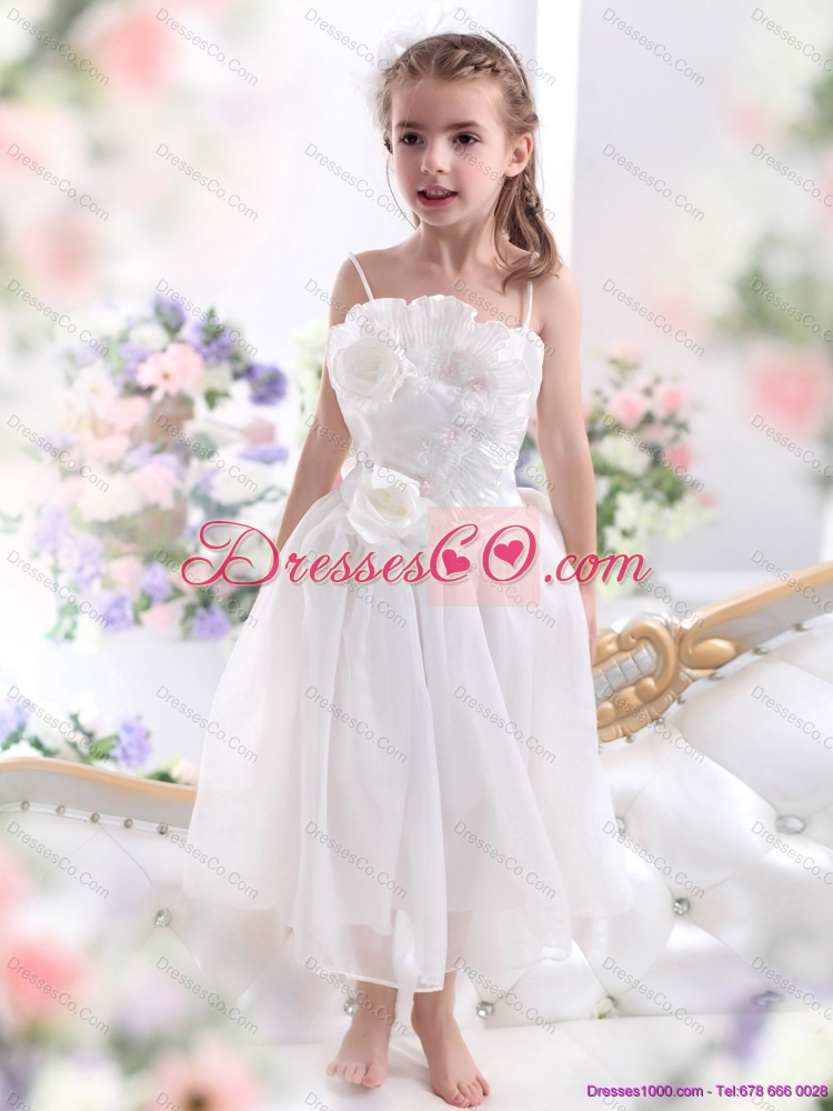 Latest White Spaghetti Straps Flower Girl Dress with Hand Made Flowers and Ruffles