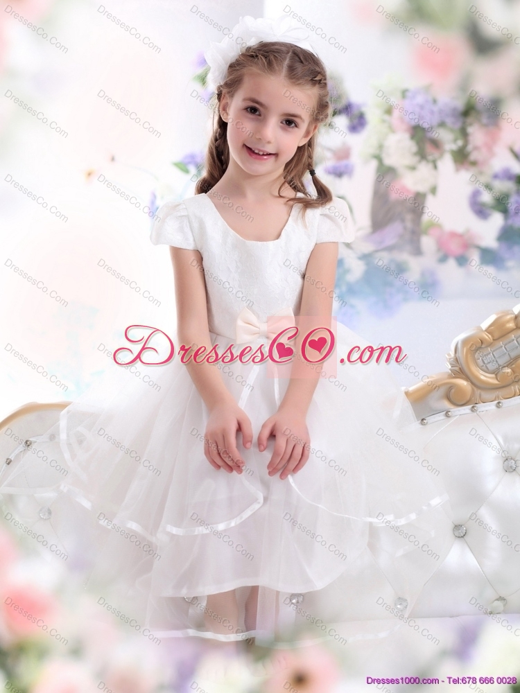 Scoop White Girls Party Dress with Bowknot and Ruffles