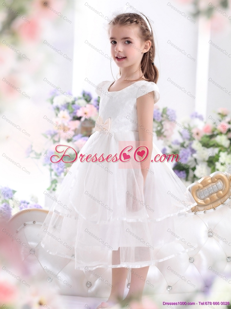 Scoop White Girls Party Dress with Bowknot and Ruffles