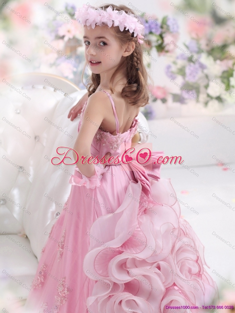 Unique Rose Pink Spaghetti Straps Girls Party Dress with Appliques