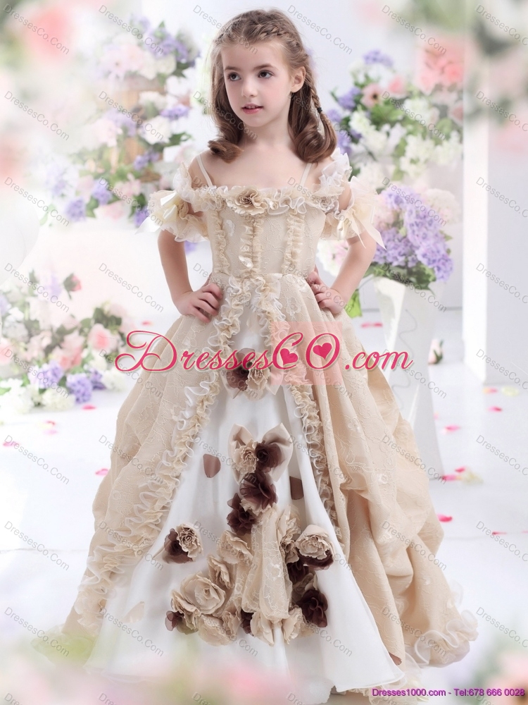 Champagne Spaghetti Straps Girls Party Dress with Hand Made Flowers and Ruffles
