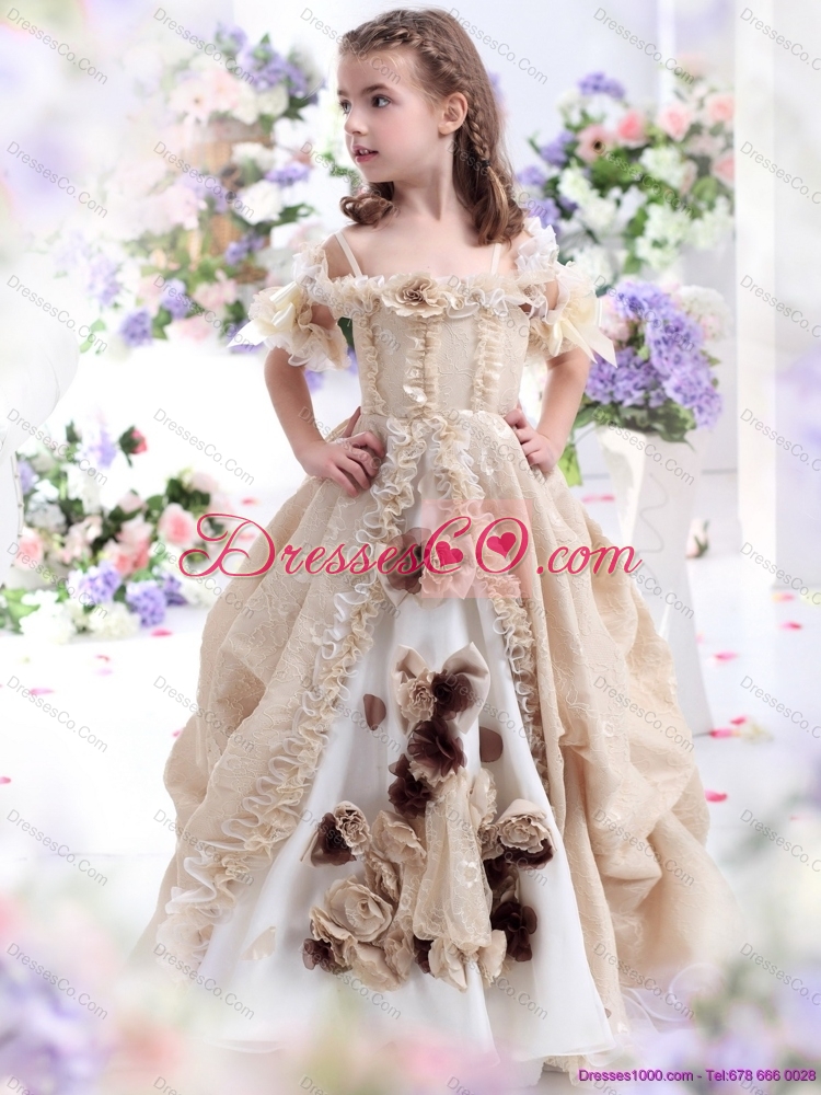 Champagne Spaghetti Straps Girls Party Dress with Hand Made Flowers and Ruffles