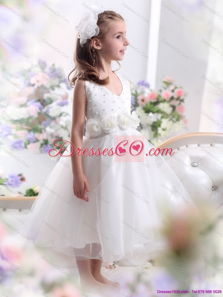 Cute Halter Top White Mini Length Girls Party Dress with Hand Made Flower