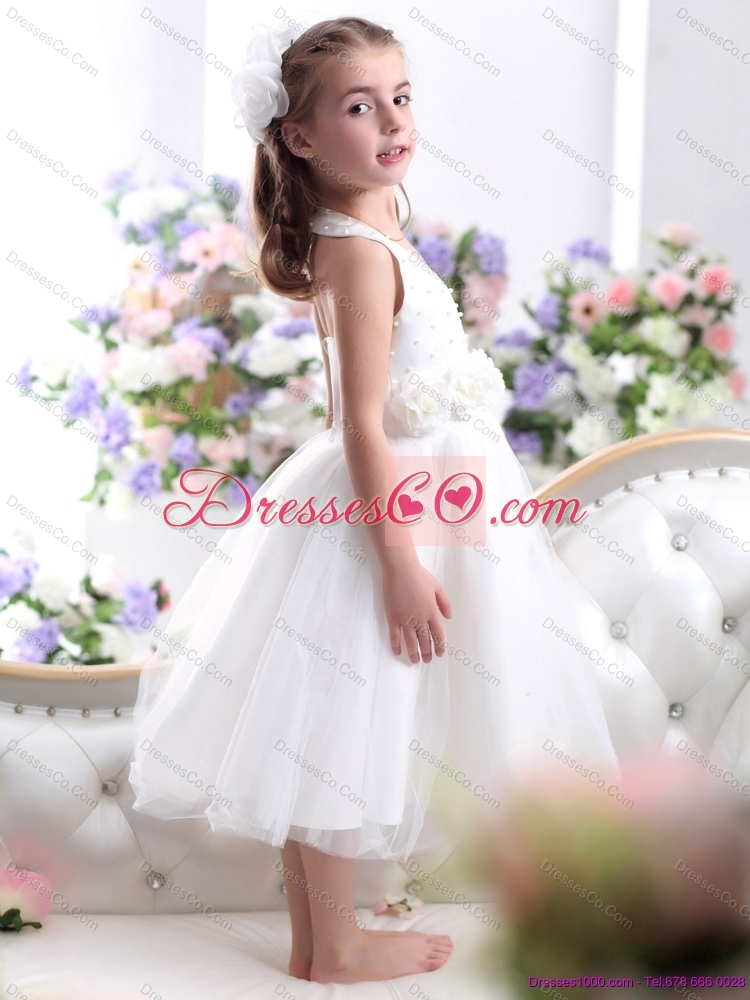 Cute Halter Top White Mini Length Girls Party Dress with Hand Made Flower