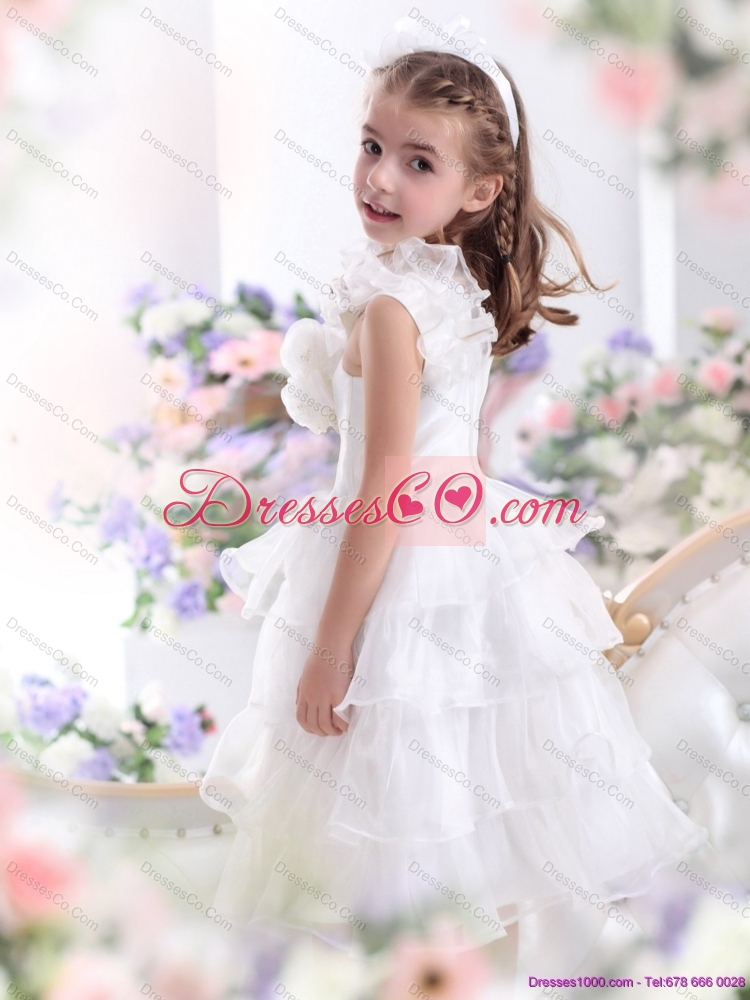 Gorgeous Ruffled Layers White  Girls Party  Dress with Hand Made Flower