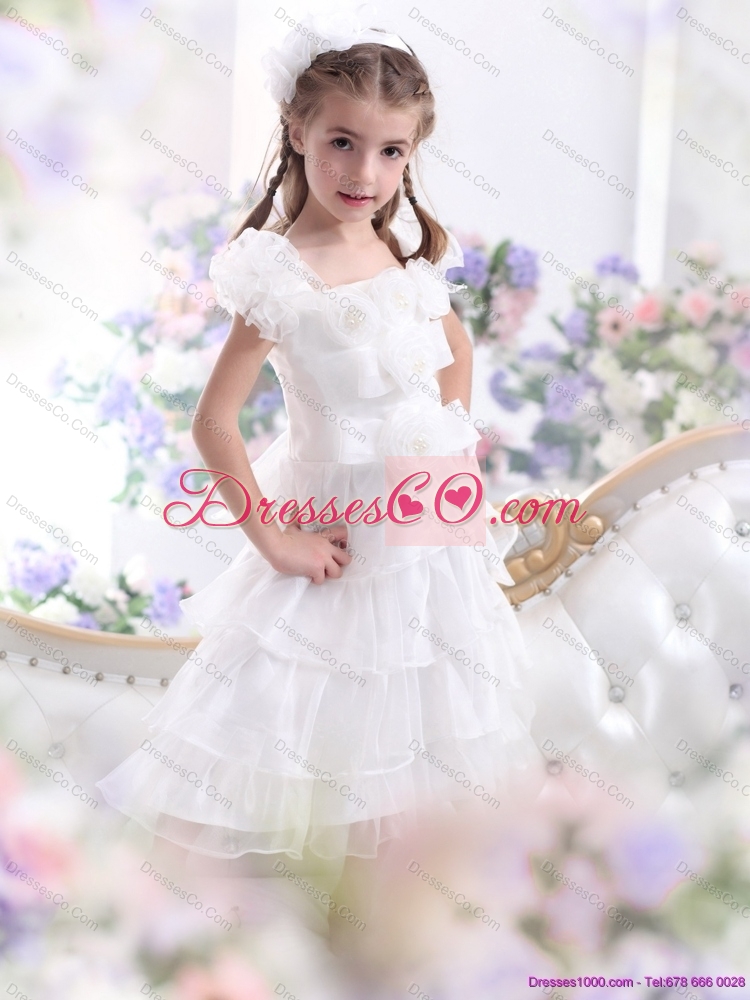 Gorgeous Ruffled Layers White  Girls Party  Dress with Hand Made Flower