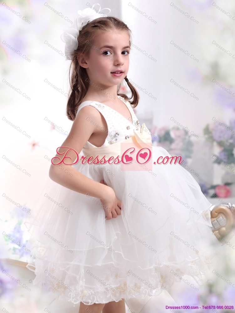Latest Beading Ruffled  White Flower Girl Dress with Bownot