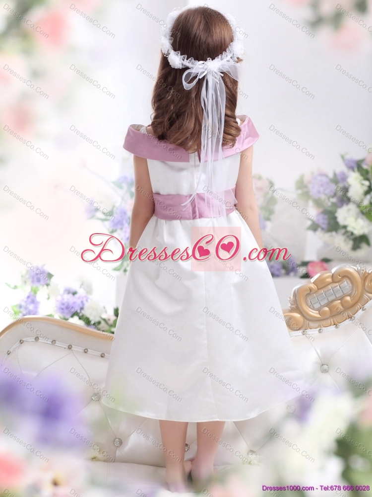 Latest Off The Shoulder White Little Girl Dress with Flower and Bowknot